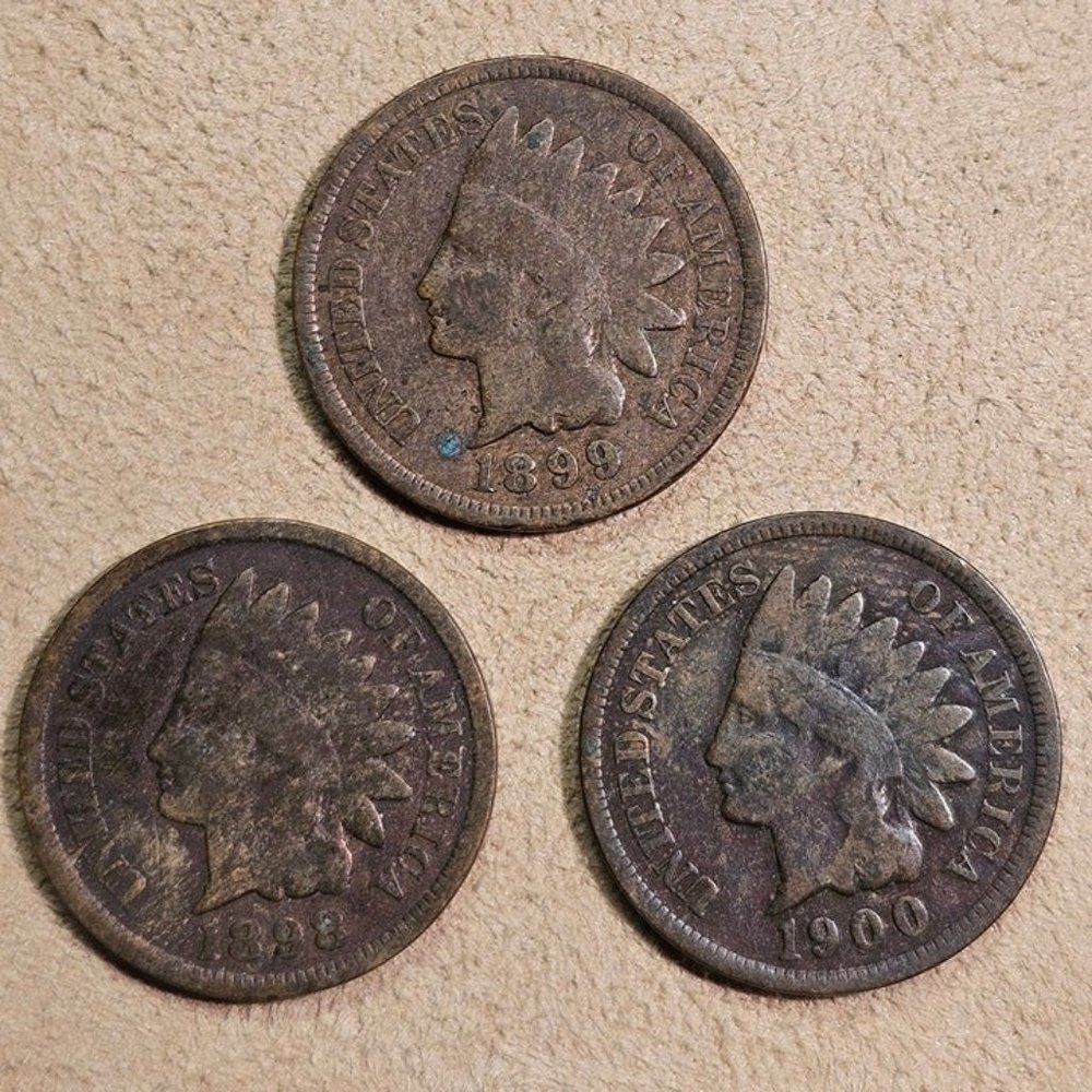 (3) Indian Head Cents, 1898, 1899 & 1900 with Good G-4‎ grade! #302